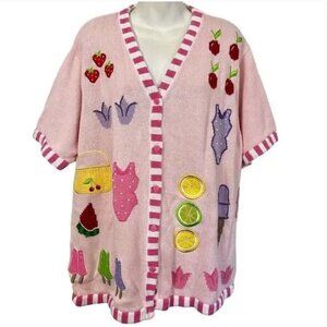 The Quacker Factory Womens Pink Cardigan Ice Cream Sweater Embroidered Size 1X
